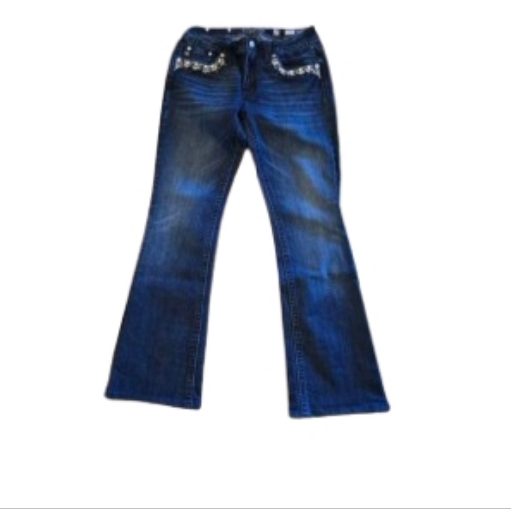 Miss Me Women's Bootcut Jeans Size 30 Blue Denim Front Embellished Stretch Y2K